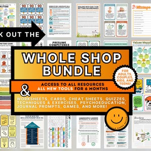 May include: A collection of educational resources, including worksheets, cards, and quizzes, is displayed. The image features the text "WHOLE SHOP BUNDLE" and "ACCESS TO ALL RESOURCES." The bundle is designed for adults, couples, kids, and teens, with a variety of tools.