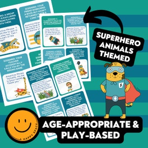 K&ouml;nnte beinhalten: Ein Satz farbenfroher Karten mit Illustrationen von Tieren, die Superheldenkost&uuml;me tragen. Jede Karte zeigt ein Szenario und einen selbstbewussten Satz, um Kindern zu helfen, zu lernen, wie sie auf herausfordernde Situationen reagieren k&ouml;nnen. Die Karten sind zum Thema "Superheldentiere" gestaltet.