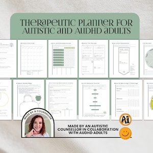 Könnte beinhalten: Ein therapeutischer Planer für autistische und AuDHD-Erwachsene mit mehreren Seiten in Grüntönen. Die Seiten enthalten Abschnitte für sensorische Profile, Burnout-Überwachung und Tagesplanung. Ein kleines kreisförmiges Foto ist enthalten.