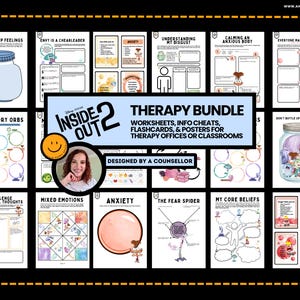 Op de afbeelding: Een verzameling educatieve therapiebronnen met de tekst "INSIDE OUT 2 THERAPY BUNDLE". Bevat werkbladen, flashcards en posters voor therapiepraktijken of klaslokalen. Het ontwerp bevat kleurrijke illustraties en tekst.