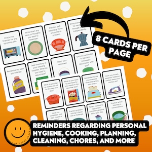 May include: A set of 16 colorful reminder cards with illustrations and text. The cards are divided into two pages, each with 8 cards. The cards feature reminders for personal hygiene, cooking, planning, cleaning, chores, and more. The text on the cards includes phrases like "Remember to wash your dishes!" and "Practice self-advocacy if you encounter a problem."