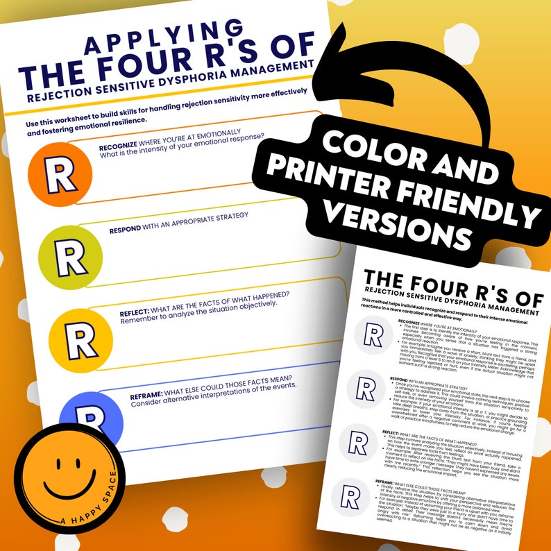 May include: A worksheet titled "Applying The Four R's of Rejection Sensitive Dysphoria Management." The document features a color-coded design with the letters "R" in circles, and a smiling face logo. The text includes instructions for managing emotional responses.