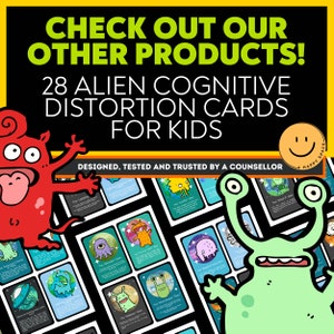K&ouml;nnte beinhalten: Ein Set mit 28 bunten Alien-Karten zur kognitiven Verzerrung f&uuml;r Kinder. Die Karten zeigen Illustrationen von Au&szlig;erirdischen mit verschiedenen Gesichtsausdr&uuml;cken und Text. Die Karten wurden von einem Berater entworfen, getestet und empfohlen.