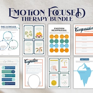 Peut inclure: Un ensemble de thérapie focalisée sur les émotions comprenant huit pages imprimables avec des diagrammes, du texte et des illustrations. Les feuilles incluent les 3 cercles de régulation émotionnelle, la réévaluation émotionnelle, la compassion pour les émotions, les schémas de vie, les distorsions cognitives et un graphique de l'iceberg de la colère.