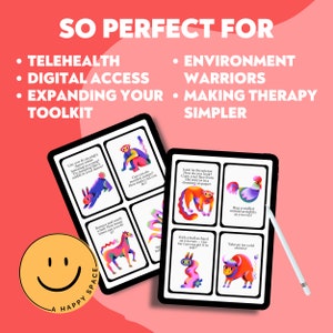 K&ouml;nnte beinhalten: Ein Satz farbenfroher digitaler Therapie-Karten mit verschiedenen Tieren und Aufforderungen f&uuml;r Aktivit&auml;ten. Die Karten werden auf einem Tablet-Bildschirm mit einem Stift daneben angezeigt. Der Text auf den Karten enth&auml;lt S&auml;tze wie "Kannst du einen w&uuml;tenden Tanz machen?" und "Schau in den Spiegel. Wie siehst du aus?"