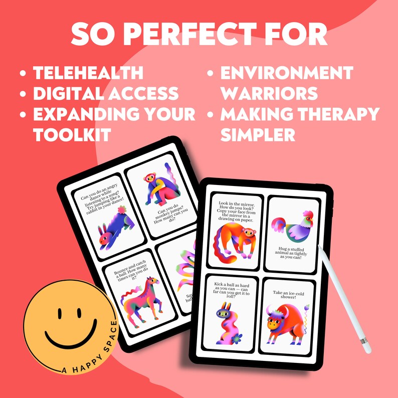 K&ouml;nnte beinhalten: Ein Satz farbenfroher digitaler Therapie-Karten mit verschiedenen Tieren und Aufforderungen f&uuml;r Aktivit&auml;ten. Die Karten werden auf einem Tablet-Bildschirm mit einem Stift daneben angezeigt. Der Text auf den Karten enth&auml;lt S&auml;tze wie "Kannst du einen w&uuml;tenden Tanz machen?" und "Schau in den Spiegel. Wie siehst du aus?"