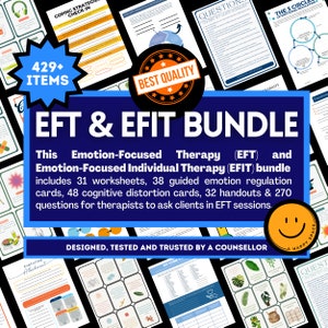 Paquete de recursos de terapia centrada en las emociones (EFT) para terapeutas, tarjetas de regulación, hojas de trabajo de EFIT, preguntas de referencia, distorsiones cognitivas, TCC