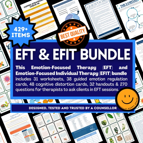 Emotion Focused Therapy EFT Resource Bundle for Therapists Regulation Cards EFIT Worksheets Cheat Sheet Questions Cognitive Distortions CBT