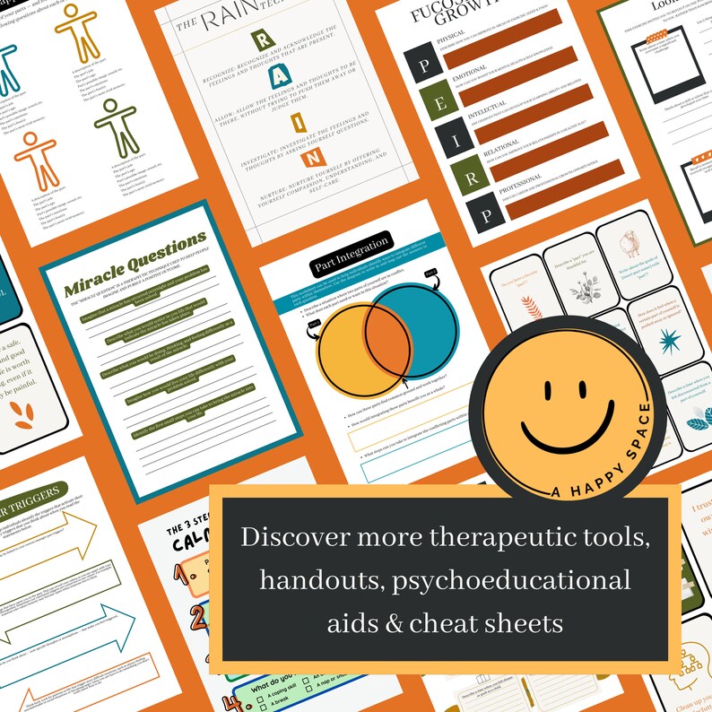 Op de afbeelding: Een assortiment educatieve handouts en werkbladen op een oranje achtergrond. De handouts bevatten diagrammen, grafieken en tekst. Een cirkelvormig logo met een lachend gezicht en de tekst "A HAPPY SPACE" is ook zichtbaar. De tekst "Ontdek meer therapeutische tools, handouts, psycho-educatieve hulpmiddelen & cheat sheets" wordt weergegeven.