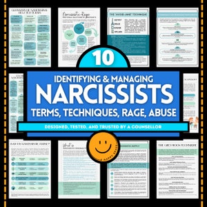 May include: A collection of informational posters on a black background. The posters cover topics such as identifying and managing narcissists, terms, techniques, rage, and abuse. The text includes "Designed, Tested, and Trusted by a Counsellor."