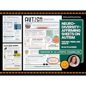 May include: A colorful educational poster about autism, designed for kids, teens, and adults. The poster includes information on autistic strengths, challenges, and tips for dealing with challenges. The text reads "Neuro-diversity-affirming sheets on autism."