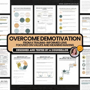 Könnte beinhalten: Eine Sammlung von druckbaren Arbeitsblättern und Anleitungen auf dunklem Holzgrund. Der Titel lautet "Demotivation überwinden" mit dem Untertitel "Aus einer trauma-informierten Perspektive". Das Design umfasst Diagramme und ein Foto einer lächelnden Frau.