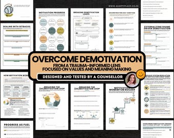 Printable Motivation Worksheets, PDF Therapy Tool for Self-Compassion, Self-Sabotage, Values, Nervous System Regulation, ADHD & Empowerment