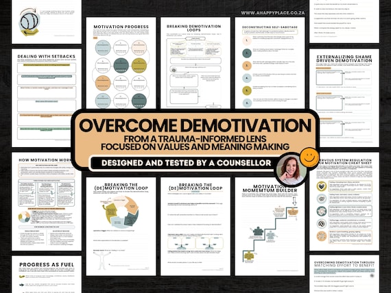 Printable Motivation Worksheets, PDF Therapy Tool for Self-Compassion, Self-Sabotage, Values, Nervous System Regulation, ADHD & Empowerment