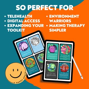 May include: A digital tablet displaying a set of colorful cards with illustrations of cartoon aliens and text describing each alien. The text on the tablet reads "SO PERFECT FOR" and lists "TELEHEALTH", "DIGITAL ACCESS", "EXPANDING YOUR TOOLKIT", "ENVIRONMENT WARRIORS", and "MAKING THERAPY SIMPLER".