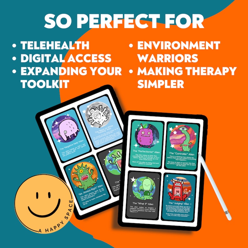 May include: A digital tablet displaying a set of colorful cards with illustrations of cartoon aliens and text describing each alien. The text on the tablet reads "SO PERFECT FOR" and lists "TELEHEALTH", "DIGITAL ACCESS", "EXPANDING YOUR TOOLKIT", "ENVIRONMENT WARRIORS", and "MAKING THERAPY SIMPLER".