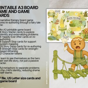 May include: Printable A3 board game and game cards. The game explores re-authoring through a fairy tale theme. Includes a game board, cards, and tokens. A gingerbread man illustration stands on a wooden bridge. The game board is visible in the background.