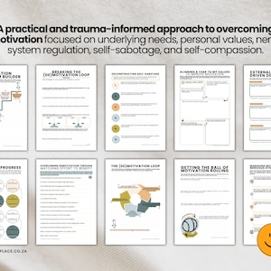 Puede incluir: Una colecci&oacute;n de hojas de trabajo con t&iacute;tulos como "Motivation Momentum Builder" y "Deconstructing Self-Sabotage". El texto en la parte superior dice: "Un enfoque pr&aacute;ctico e informado sobre el trauma para superar la desmotivaci&oacute;n". Un logotipo de cara sonriente est&aacute; en la esquina inferior derecha.