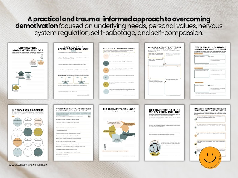 Puede incluir: Una colecci&oacute;n de hojas de trabajo con t&iacute;tulos como "Motivation Momentum Builder" y "Deconstructing Self-Sabotage". El texto en la parte superior dice: "Un enfoque pr&aacute;ctico e informado sobre el trauma para superar la desmotivaci&oacute;n". Un logotipo de cara sonriente est&aacute; en la esquina inferior derecha.
