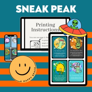 May include: A sneak peek at a set of 28 printable mind trap cards featuring colorful alien illustrations with descriptions of each alien's personality traits. The text on the cards reads "The Minimizer" Allen, "The Always/Never" Allen, "The Justifier" Allen, and "The Overgeneralizer" Allen. The cards are designed to help people identify and challenge negative thought patterns.