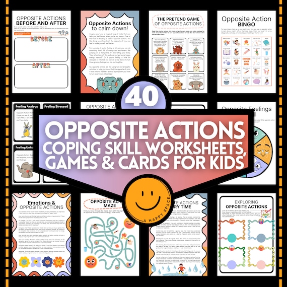 Opposite Action Coping Skills Worksheets Cards for Kids Emotional Resilience Positive Strategies Play Therapy SFBT ACT Anxiety Trauma Tools