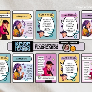 Può includere: Un set di flashcard K-Pop Demon Hunters Self-Acceptance. Ogni carta presenta illustrazioni colorate e suggerimenti relativi all'accettazione di sé e alle convinzioni fondamentali. Le carte contengono testo come "Qual è un pensiero utile che vorresti credere più spesso?"