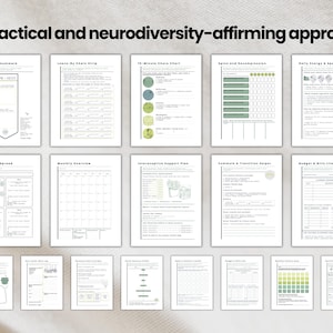 May include: A collection of printable planning pages with a neurodiversity-affirming approach. The pages include a bookmark, chore strips, a 10-minute chart, and a daily energy and spoon card. The pages are in black and white with green accents.