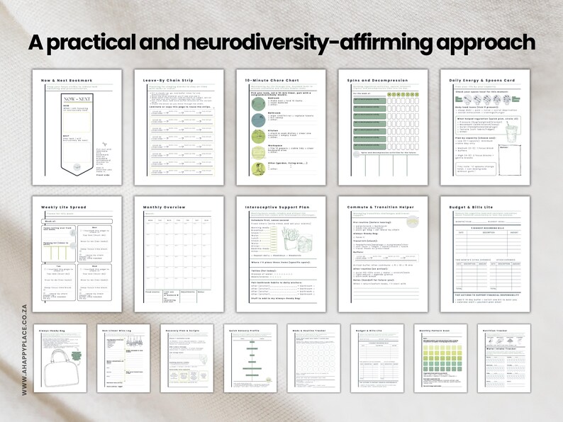 May include: A collection of printable planning pages with a neurodiversity-affirming approach. The pages include a bookmark, chore strips, a 10-minute chart, and a daily energy and spoon card. The pages are in black and white with green accents.