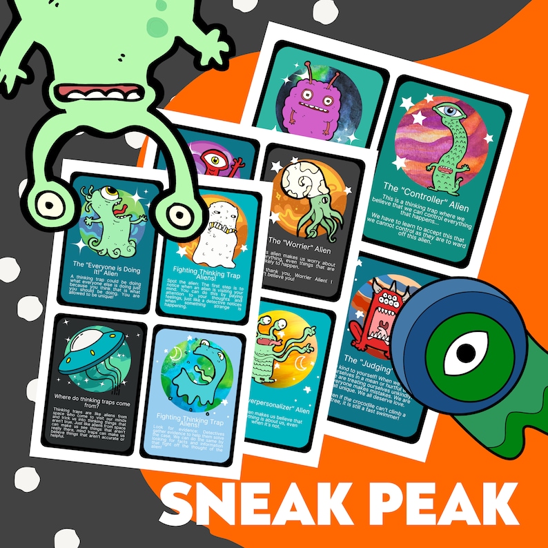 May include: A set of colorful cards featuring cartoon aliens with different thought patterns. Each card has a title and a description of the alien's thinking trap. The cards are designed to help people identify and challenge negative thought patterns.