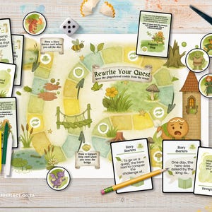 May include: A board game titled "Rewrite Your Quest" with cards, dice, and pencils. The game board features a whimsical illustrated path with a gingerbread man, a tower, and various game pieces. The game includes cards with text like "Story Swap" and "Story Starters".