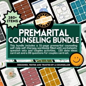 May include: A green and yellow graphic with the text "Premarital Counseling Bundle" and the text "280+ Items" in a yellow starburst. The graphic includes images of worksheets, cards, and a workbook. The text "Designed, Tested and Trusted by a Counselor" is at the bottom of the graphic.