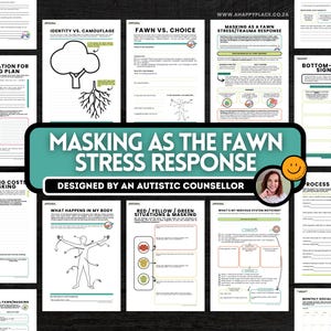 Könnte beinhalten: Eine Sammlung von druckbaren Arbeitsblättern mit dem Titel "Masking as the Fawn Stress Response", entworfen von einer autistischen Beraterin. Die Arbeitsblätter behandeln Themen wie Co-Regulation, Identität und Sicherheitssignalisierung. Das Farbschema ist hauptsächlich Schwarz, Weiß und Türkis.
