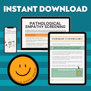 May include: A digital download for a guide on setting boundaries. The guide includes a checklist for pathological empathy and a section on your right to boundaries. The guide features a smiling face graphic and the text "Permission Slip".