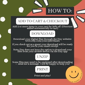 May include: A pink and green graphic with white text explaining how to download digital files from Etsy. The text includes the phrase "Add to cart & checkout" and "Download your digital files through the Etsy website".