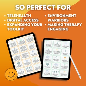 May include: Two digital tablets with a white background and blue and green icons. The tablets display a series of questions related to mental health and well-being. The text on the tablets reads "SO PERFECT FOR", "TELEHEALTH", "DIGITAL ACCESS", "EXPANDING YOUR TOOLKIT", "ENVIRONMENT WARRIORS", and "MAKING THERAPY ENGAGING".