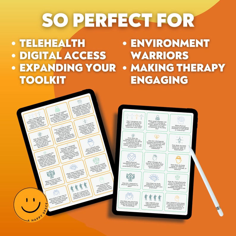 May include: Two digital tablets with a white background and blue and green icons. The tablets display a series of questions related to mental health and well-being. The text on the tablets reads "SO PERFECT FOR", "TELEHEALTH", "DIGITAL ACCESS", "EXPANDING YOUR TOOLKIT", "ENVIRONMENT WARRIORS", and "MAKING THERAPY ENGAGING".