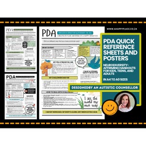 May include: A collection of educational posters and reference sheets with the text "PDA Quick Reference Sheets and Posters" and "Neurodiversity-affirming handouts for kids, teens, and adults." The posters feature colorful illustrations and text about PDA, designed by an autistic counselor.