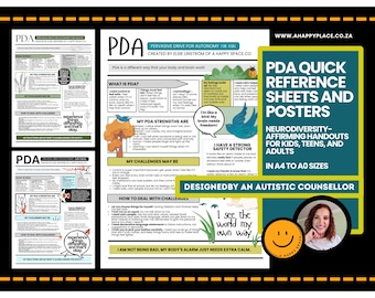 PDA-terapiarbetsblad och affischer i PDF-format, undvikande av patologiska krav, genomgripande strävan efter autonomi, bekräftande av neurodiversitet för barn, vuxna, tonåringar