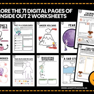 May include: A collection of Inside Out 2 worksheets with colorful illustrations and text. The worksheets cover topics like memory, emotions, and coping strategies. The text reads "EXPLORE THE 71 DIGITAL PAGES OF THE INSIDE OUT 2 WORKSHEETS".