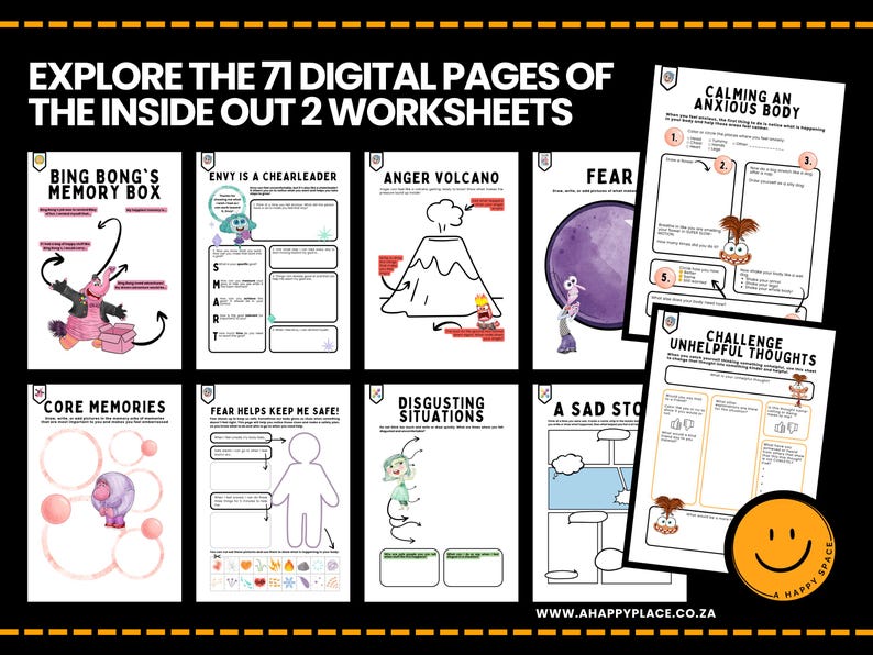 May include: A collection of Inside Out 2 worksheets with colorful illustrations and text. The worksheets cover topics like memory, emotions, and coping strategies. The text reads "EXPLORE THE 71 DIGITAL PAGES OF THE INSIDE OUT 2 WORKSHEETS".