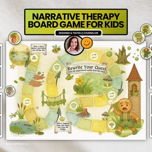 Può includere: Un gioco da tavolo per bambini con il testo "Narrative Therapy Board Game for Kids". Il gioco presenta un percorso illustrato colorato con un omino di pan di zenzero, una torre e un ponte. Include carte con suggerimenti e illustrazioni.