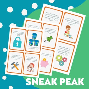 May include: A set of eight colorful cards with illustrations and text describing different play activities for children. The cards are orange with a white border and feature illustrations of a lock, a hammer, a spoon, a piggy bank, gears, a cup, a pin, and a person sculpting clay.