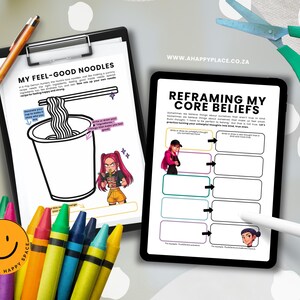 May include: A workspace with a clipboard and tablet displaying text, alongside crayons, a pen, scissors, and a stylus. The clipboard reads "MY FEEL-GOOD NOODLES", and the tablet says "REFRAMING MY CORE BELIEFS". The scene has a colourful, artistic aesthetic.