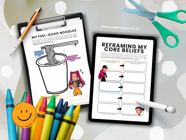 May include: A workspace with a clipboard and tablet displaying text, alongside crayons, a pen, scissors, and a stylus. The clipboard reads "MY FEEL-GOOD NOODLES", and the tablet says "REFRAMING MY CORE BELIEFS". The scene has a colourful, artistic aesthetic.