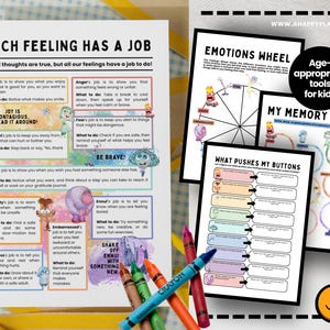 May include: Educational tools for kids, including a poster titled "Each Feeling Has a Job" and other worksheets. The image features colorful crayons and a smiley face logo, promoting age-appropriate emotional learning.