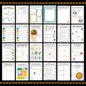 May include: A printable worksheet with colourful illustrations and text boxes for self-reflection and emotional regulation. The worksheet includes topics such as unmasking, creating a resting space, and identifying personal strengths.
