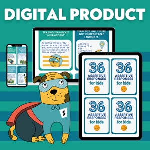 K&ouml;nnte beinhalten: Digitales Produkt f&uuml;r Kinder mit 36 selbstbewussten Antworten. Das Produkt ist mit einem Cartoon-Superheldenhund illustriert, der einen blauen Umhang und eine rote Maske tr&auml;gt. Der Text auf den Karten lautet "36 selbstbewusste Antworten f&uuml;r Kinder".