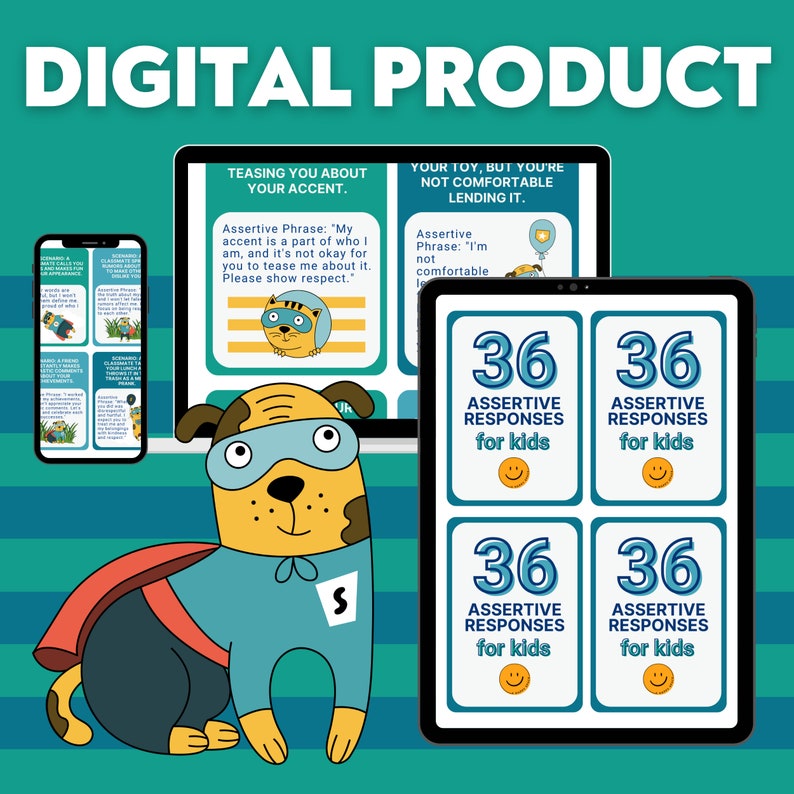 K&ouml;nnte beinhalten: Digitales Produkt f&uuml;r Kinder mit 36 selbstbewussten Antworten. Das Produkt ist mit einem Cartoon-Superheldenhund illustriert, der einen blauen Umhang und eine rote Maske tr&auml;gt. Der Text auf den Karten lautet "36 selbstbewusste Antworten f&uuml;r Kinder".