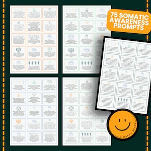 May include: 75 Somatic Awareness Prompts: A set of colorful cards with prompts for self-reflection and body awareness. The cards feature a variety of illustrations, including a smiling face, a plant, and a hand.