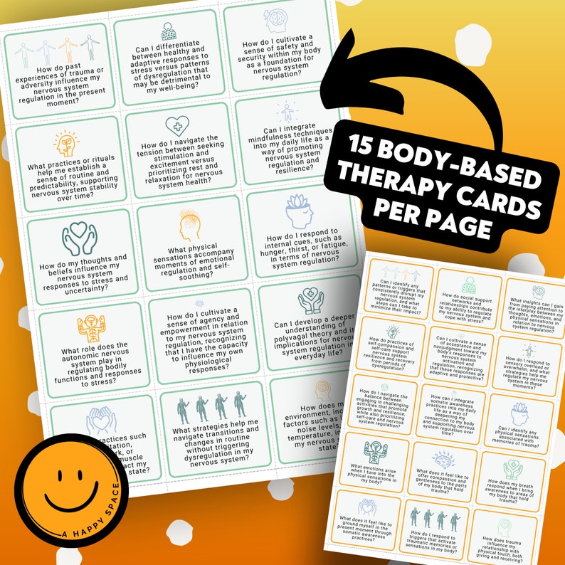 May include: A set of 15 printable cards with green and yellow backgrounds. Each card features a question related to body-based therapy. The cards are titled "15 Body-Based Therapy Cards Per Page".